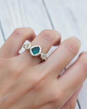 Load image into Gallery viewer, ROCK Engagement Ring - Raw Deep Teal Sea Glass + Four Certified 0.30ct Total Ocean Sourced Raw Diamonds in 18ct White Gold - Size M - LIMITED EDITION 1/1