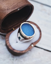 Load image into Gallery viewer, Men's KING Signet - Sea Glass + Two 2.5mm Blue Diamonds 0.14ct in 18ct Yellow Gold + Silver