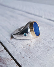 Load image into Gallery viewer, Men's KING Signet - Sea Glass + Two 2.5mm Blue Diamonds 0.14ct in 18ct Yellow Gold + Silver