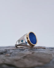 Load image into Gallery viewer, Men's KING Signet - Sea Glass + Two 2.5mm Blue Diamonds 0.14ct in 18ct Yellow Gold + Silver