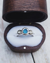 Load image into Gallery viewer, ROCK Engagement Ring - Raw Turquoise Sea Glass + Two Certified 0.20ct Total Ocean Sourced Raw Diamonds in Silver - Size L