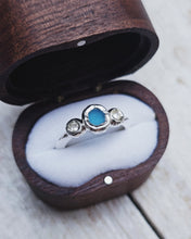Load image into Gallery viewer, ROCK Engagement Ring - Raw Turquoise Sea Glass + Two Certified 0.20ct Total Ocean Sourced Raw Diamonds in Silver - Size L