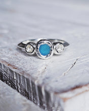 Load image into Gallery viewer, ROCK Engagement Ring - Raw Turquoise Sea Glass + Two Certified 0.20ct Total Ocean Sourced Raw Diamonds in Silver - Size L