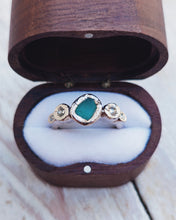 Load image into Gallery viewer, ROCK Engagement Ring - Raw Deep Teal Sea Glass + Four Certified 0.30ct Total Ocean Sourced Raw Diamonds in 18ct White Gold - Size M