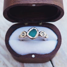 Load image into Gallery viewer, ROCK Engagement Ring - Raw Deep Teal Sea Glass + Four Raw Certified Ocean Diamonds 0.30ct in 18ct White Gold - Size M - LIMITED EDITION 1/1