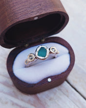 Load image into Gallery viewer, ROCK Engagement Ring - Raw Deep Teal Sea Glass + Four Certified 0.30ct Total Ocean Sourced Raw Diamonds in 18ct White Gold - Size M - LIMITED EDITION 1/1