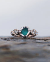Load image into Gallery viewer, ROCK Engagement Ring - Raw Deep Teal Sea Glass + Four Certified 0.30ct Total Ocean Sourced Raw Diamonds in 18ct White Gold - Size M