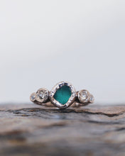 Load image into Gallery viewer, ROCK Engagement Ring - Raw Deep Teal Sea Glass + Four Certified 0.30ct Total Ocean Sourced Raw Diamonds in 18ct White Gold - Size M