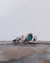Load image into Gallery viewer, ROCK Engagement Ring - Raw Deep Teal Sea Glass + Four Certified 0.30ct Total Ocean Sourced Raw Diamonds in 18ct White Gold - Size M