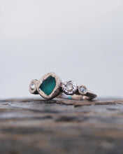Load image into Gallery viewer, ROCK Engagement Ring - Raw Deep Teal Sea Glass + Four Certified 0.30ct Total Ocean Sourced Raw Diamonds in 18ct White Gold - Size M