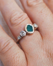 Load image into Gallery viewer, ROCK Engagement Ring - Raw Deep Teal Sea Glass + Four Certified 0.30ct Total Ocean Sourced Raw Diamonds in 18ct White Gold - Size M