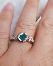 Load image into Gallery viewer, ROCK Engagement Ring - Raw Deep Teal Sea Glass + Four Certified 0.30ct Total Ocean Sourced Raw Diamonds in 18ct White Gold - Size M
