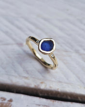 Load image into Gallery viewer, FLOW Engagement Ring - Raw Royal Blue Sea Glass + Eight Certified 1.3mm Ocean Diamonds in 9ct Yellow Gold - Size N