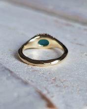 Load image into Gallery viewer, TREASURE Engagement Signet Ring - Oval Deep Teal Sea Glass + Twelve Certified 1.3mm Ocean Diamonds in 9ct Yellow Gold - Size L