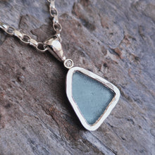 Load image into Gallery viewer, MERMAID Necklace - Aquamarine Sea Glass + Certified 1.5mm Ocean Diamond in Silver