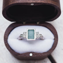 Load image into Gallery viewer, VOYAGE Engagement Ring - Rectangle Sea Glass + Six Certified 1.3mm Ocean Diamonds in Gold, Platinum or Silver