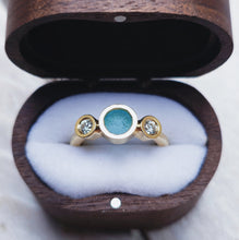Load image into Gallery viewer, CAVERN Engagement Ring - Round Sea Glass + Two Certified 3mm Ocean Diamonds in Gold, Platinum or Silver