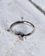 Load image into Gallery viewer, Back view of a rugged yet elegant looking hammered finish on an ATLANTIC diamond solitaire engagement ring which was handmade in 18ct white gold.