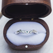 Load image into Gallery viewer, COAST Wedding Ring - Round Sea Glass + Four Certified 1.3mm Ocean Diamonds in Gold, Platinum or Silver