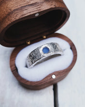 Load image into Gallery viewer, Unique bespoke sea glass ring that has round sea glass flush set in the 6mm band with a hammered finish.