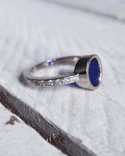 Load image into Gallery viewer, Side view of an EMPRESS engagement ring showing the six bead set ocean diamonds that are either side of the beautiful blue sea glass.