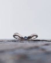 Load image into Gallery viewer, Contoured 18ct white gold wedding ring with flush set turquoise sea glass which is custom made.