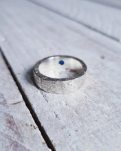 Load image into Gallery viewer, Rustic handmade wedding band for men that has sea glass set within the heavy 6mm wide band.