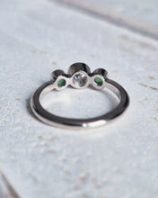Load image into Gallery viewer, Back view of a white gold LEGACY engagement ring showing the diamond and sea glass in the triple bezel setting.