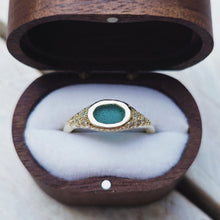 Load image into Gallery viewer, TREASURE Bespoke Engagement Signet Ring - Oval Sea Glass + Twelve Certified 1.3mm Ocean Diamonds in Gold, Platinum or Silver