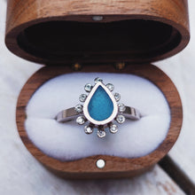 Load image into Gallery viewer, HALO Engagement Ring - Waterdrop Sea Glass + Twelve Certified 1.3mm Ocean Diamonds in Gold, Platinum or Silver