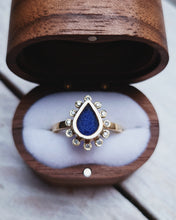 Load image into Gallery viewer, HALO Engagement Ring - Waterdrop Royal Blue Sea Glass + Twelve Certified 1.3mm Ocean Sourced Diamonds 0.12ct in 18ct Yellow Gold - Size L