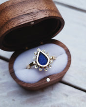 Load image into Gallery viewer, HALO Engagement Ring - Waterdrop Royal Blue Sea Glass + Twelve Certified 1.3mm Ocean Sourced Diamonds 0.12ct in 18ct Yellow Gold - Size L
