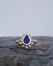Load image into Gallery viewer, HALO Engagement Ring - Waterdrop Royal Blue Sea Glass + Twelve Certified 1.3mm Ocean Sourced Diamonds 0.12ct in 18ct Yellow Gold - Size L
