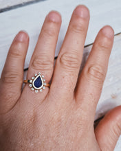 Load image into Gallery viewer, HALO Engagement Ring - Waterdrop Royal Blue Sea Glass + Twelve Certified 1.3mm Ocean Sourced Diamonds 0.12ct in 18ct Yellow Gold - Size L