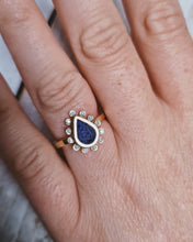 Load image into Gallery viewer, HALO Engagement Ring - Waterdrop Royal Blue Sea Glass + Twelve Certified 1.3mm Ocean Sourced Diamonds 0.12ct in 18ct Yellow Gold - Size L