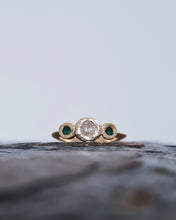 Load image into Gallery viewer, ROCK Engagement Ring - Certified 0.44ct Ocean Sourced Raw Diamond + Two 2.5mm Raw Round Tealquoise Sea Glass in 18ct Yellow Gold - Size K