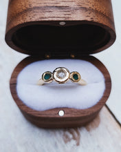 Load image into Gallery viewer, ROCK Engagement Ring - Certified 0.44ct Ocean Sourced Raw Diamond + Two 2.5mm Raw Round Tealquoise Sea Glass in 18ct Yellow Gold - Size K