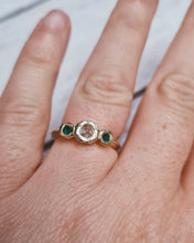 Load image into Gallery viewer, ROCK Engagement Ring - Certified 0.44ct Ocean Sourced Raw Diamond + Two 2.5mm Raw Round Tealquoise Sea Glass in 18ct Yellow Gold - Size K