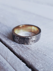 Men's PORTHLEVEN STORM Wedding Ring in Oxidised Silver Outlay + 18ct Yellow Gold Inlay