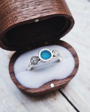 Load image into Gallery viewer, CAVERN Engagement Ring - Round Sea Glass + Two Certified 3mm Ocean Sourced Diamonds 0.22ct in 18ct Gold or Silver
