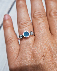 CAVERN Engagement Ring - Round Sea Glass + Two Certified 3mm Ocean Sourced Diamonds 0.22ct in 18ct Gold or Silver