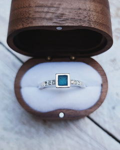 ELYSIUM Engagement Ring - Square Deep Turquoise Sea Glass + Six Certified 1.3mm Ocean Sourced Diamonds in Silver - Size M