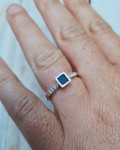 ELYSIUM Engagement Ring - Square Deep Turquoise Sea Glass + Six Certified 1.3mm Ocean Sourced Diamonds in Silver - Size M