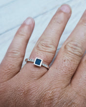 Load image into Gallery viewer, ELYSIUM Engagement Ring - Square Deep Turquoise Sea Glass + Six Certified 1.3mm Ocean Sourced Diamonds in Silver - Size M
