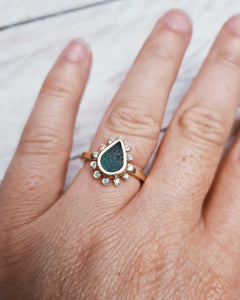 HALO Engagement Ring - Waterdrop Sea Glass + Twelve Certified 1.3mm Ocean Sourced Diamonds 0.12ct in 18ct Gold or Silver