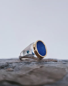 Men's KING Signet - Sea Glass + Two 2.5mm Blue Diamonds 0.14ct in 18ct Yellow Gold + Silver