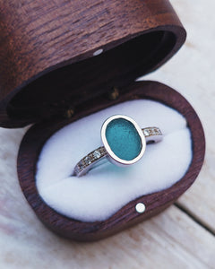 EMPRESS Engagement Ring - Oval Sea Glass + Twelve Certified 1.5mm Ocean Sourced Diamonds 0.18ct in 18ct Gold or Silver