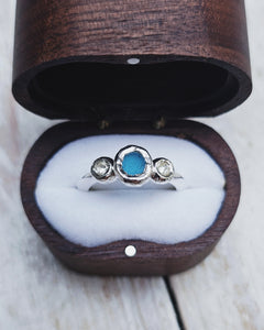 ROCK Engagement Ring - Raw Turquoise Sea Glass + Two Certified 0.20ct Total Ocean Sourced Raw Diamonds in Silver - Size L