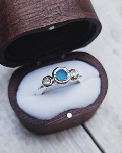 ROCK Engagement Ring - Raw Turquoise Sea Glass + Two Certified 0.20ct Total Ocean Sourced Raw Diamonds in Silver - Size L