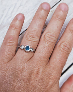 ROCK Engagement Ring - Raw Turquoise Sea Glass + Two Certified 0.20ct Total Ocean Sourced Raw Diamonds in Silver - Size L